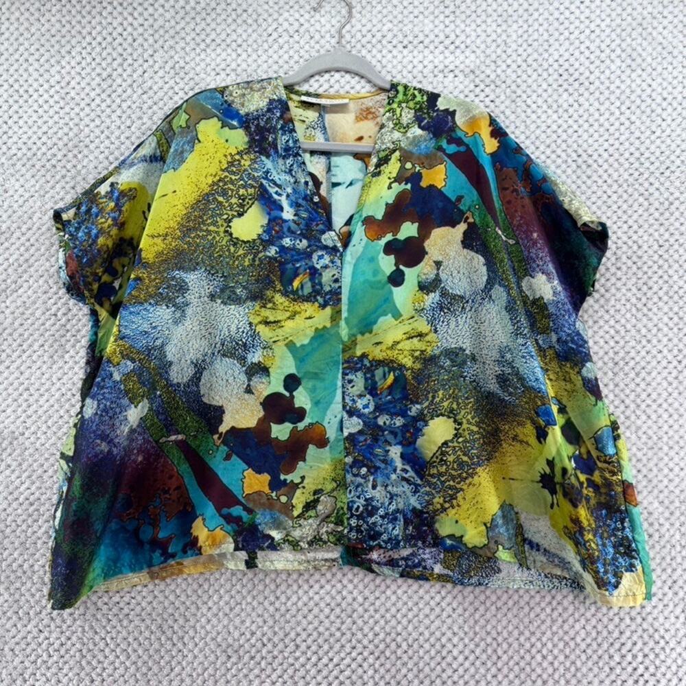 Bryn Walker Top Womens M Green Silk Watercolor Art to Wear Becca Boxy Abstract